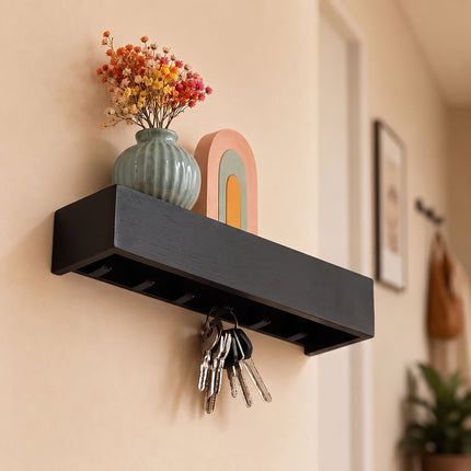Black Bamboo-Iron Key Rack with 6 Hooks and Shelf