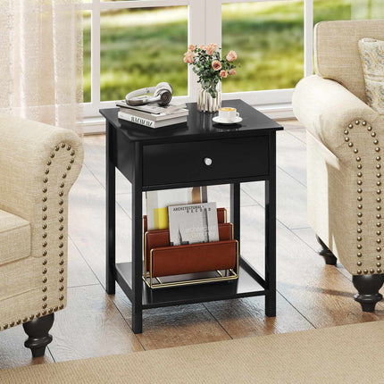 Black Bedside Tables Set of 2 with Drawer and Shelf