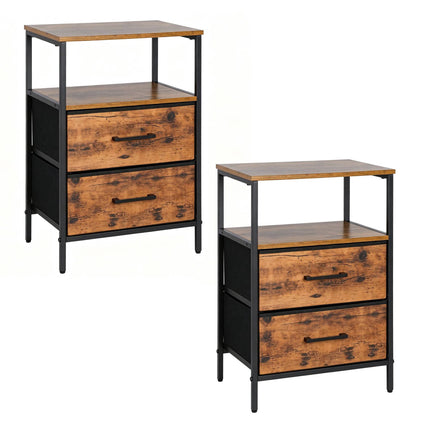 Black Bedside Table with 2 Drawers & Shelves, Set of 2