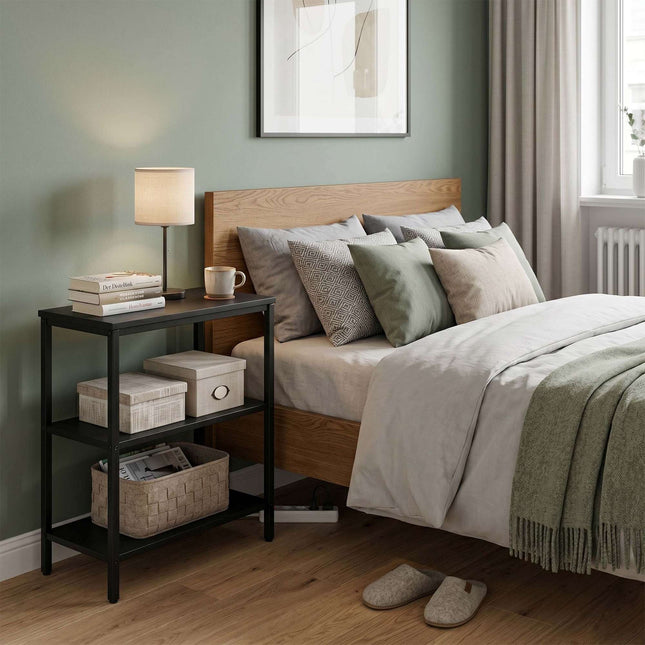 Black Bedside Table with 3 Shelves, Engineered Wood