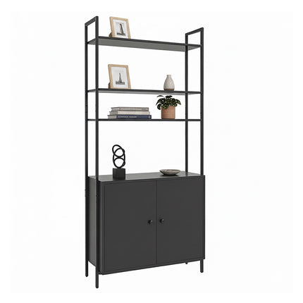 Schwarzes Bücherregal mit Aufbewahrungseinheit, MDF & Metall, 4 Regalböden