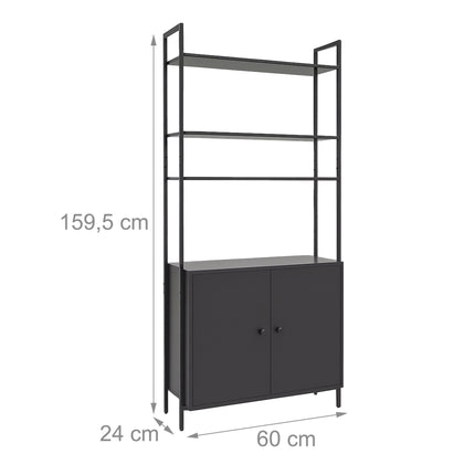 Schwarzes Bücherregal mit Aufbewahrungseinheit, MDF & Metall, 4 Regalböden