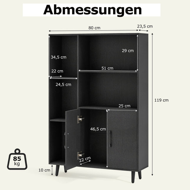 Schwarzes Bücherregal mit Türen und offenen Fächern, 5-stufige Aufbewahrung