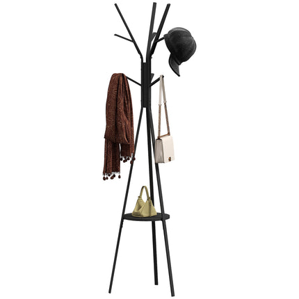 Black Coat Rack with Shelf and 8 Hooks, Modern Design