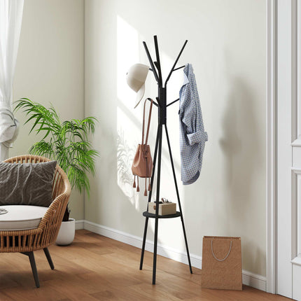 Black Coat Rack with Shelf and 8 Hooks, Modern Design