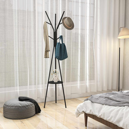 Black Coat Rack with Shelf and 8 Hooks, Modern Design