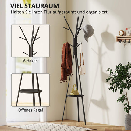 Black Coat Rack with Shelf and 8 Hooks, Modern Design