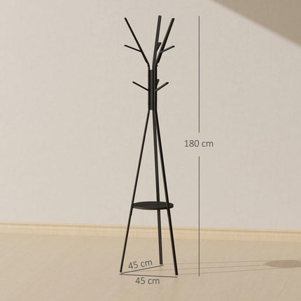 Black Coat Rack with Shelf and 8 Hooks, Modern Design
