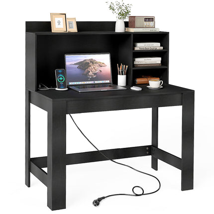 Black Computer Desk with Hutch, Power Outlets & Cable Management