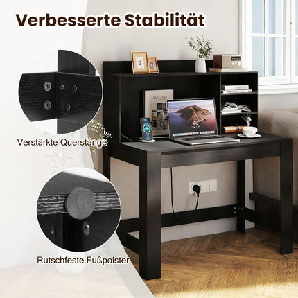 Black Computer Desk with Hutch, Power Outlets & Cable Management