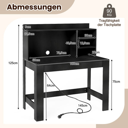 Black Computer Desk with Hutch, Power Outlets & Cable Management