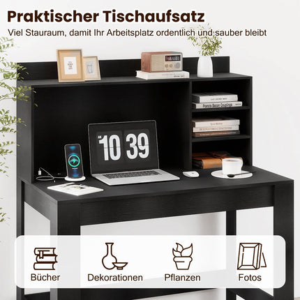 Black Computer Desk with Hutch, Power Outlets & Cable Management
