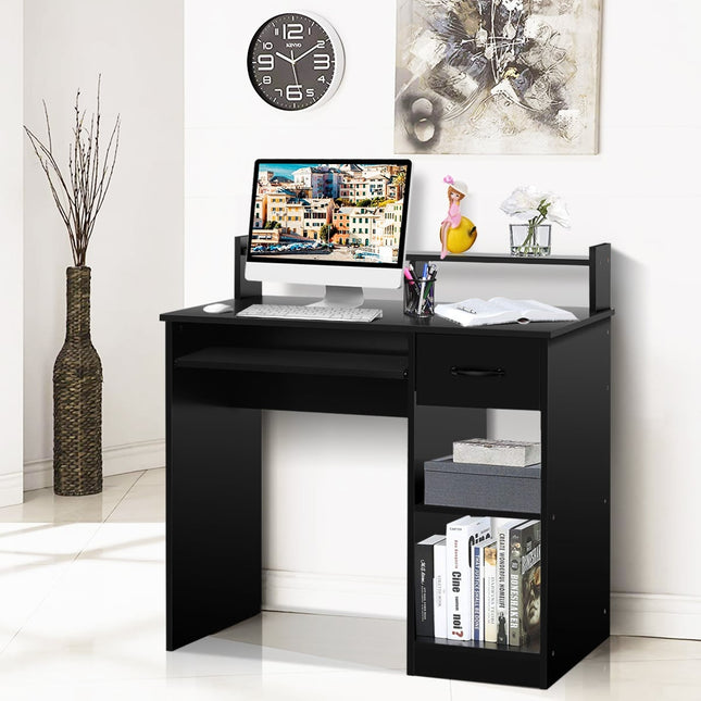 Black Computer Desk with Keyboard Tray and Storage Shelves