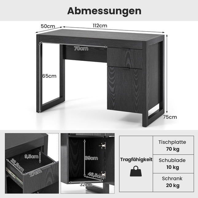Schwarzer Computertisch mit Aufbewahrungsschrank, 112cm