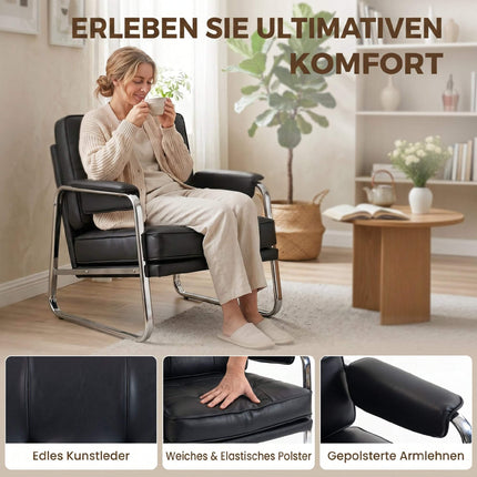 Loungesessel aus schwarzem Kunstleder mit Armlehnen, Stahlfüße