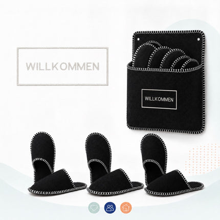 Black Felt Guest Slippers Set, 6 Pairs with Storage Bag