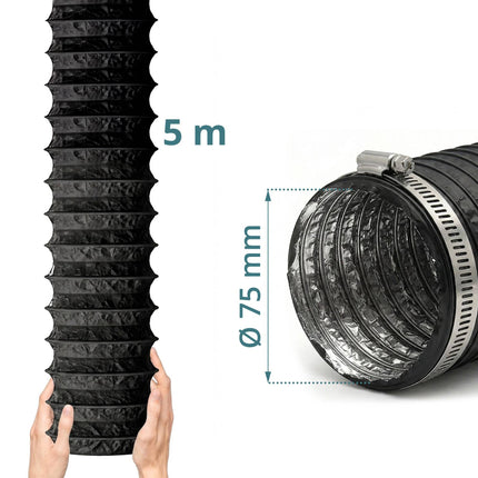 Schwarzer flexibler Abluftschlauch, 5 m x 75 mm, PVC und Aluminium