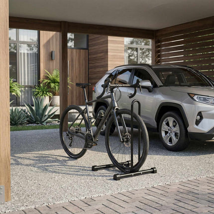 Schwarzer Fahrradständer für den Boden, passend für 26–29" Räder