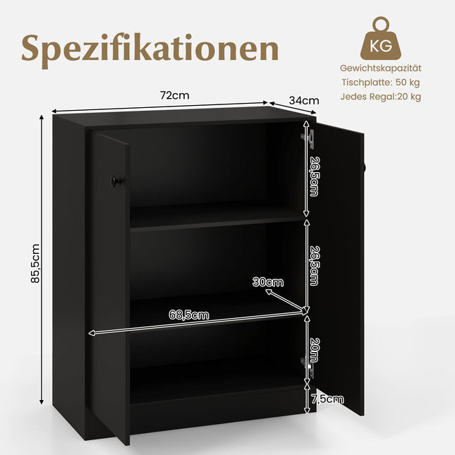 Black Freestanding Sideboard with Adjustable Shelves, 72x34x85.5 cm