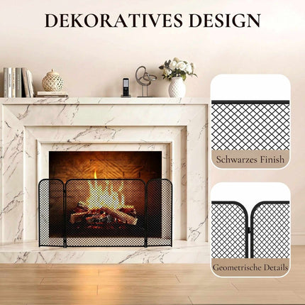 Black Geometric Foldable Fireplace Screen – Metal, 3-Panel