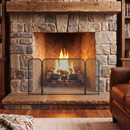 Black Geometric Foldable Fireplace Screen – Metal, 3-Panel