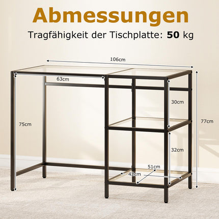 Black Glass Computer Desk with Metal Frame, 106x51x76 cm