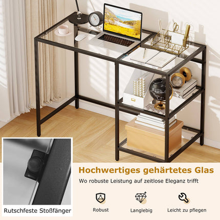Black Glass Computer Desk with Metal Frame, 106x51x76 cm