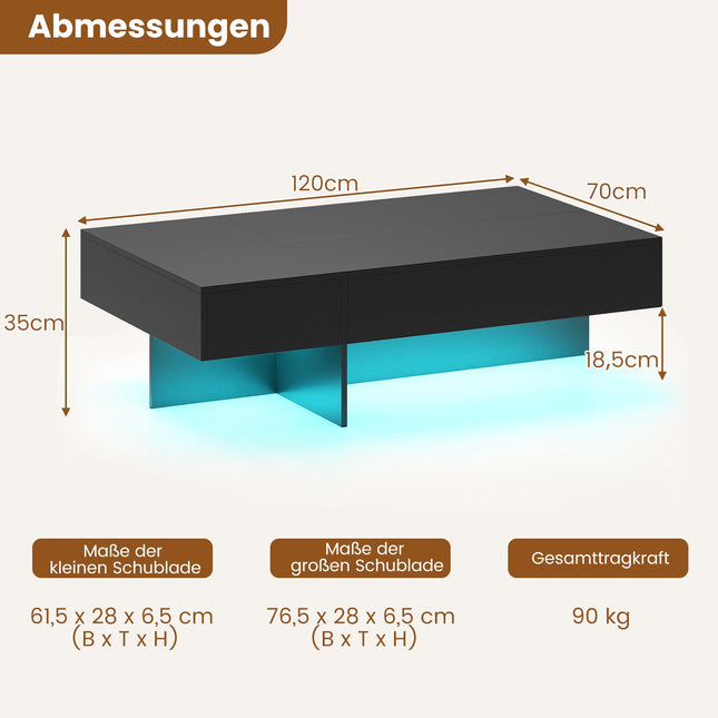 Schwarzer Couchtisch Hochglanz mit LED-Beleuchtung & 3 Schubladen