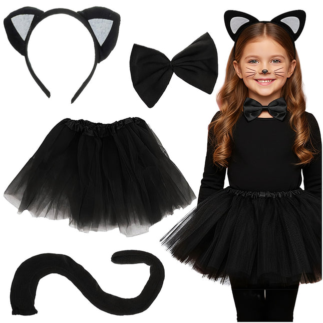 Schwarzes Kätzchen-Kostüm für Mädchen, 4-teiliges Set, 3-10 Jahre