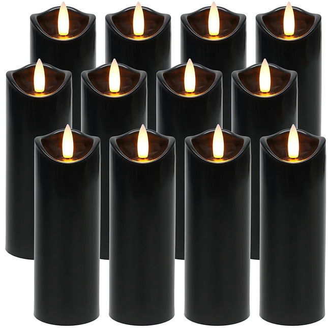 Schwarze LED-Kerzen, 12er-Pack, 15cm, Flackernder Flammen-Effekt