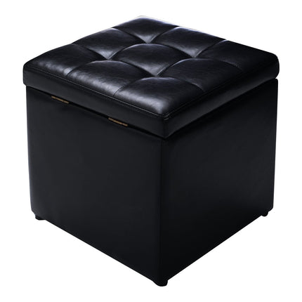 Black Leather Storage Ottoman, 40x40x40cm, Easy-Clean