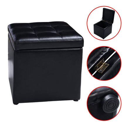 Black Leather Storage Ottoman, 40x40x40cm, Easy-Clean
