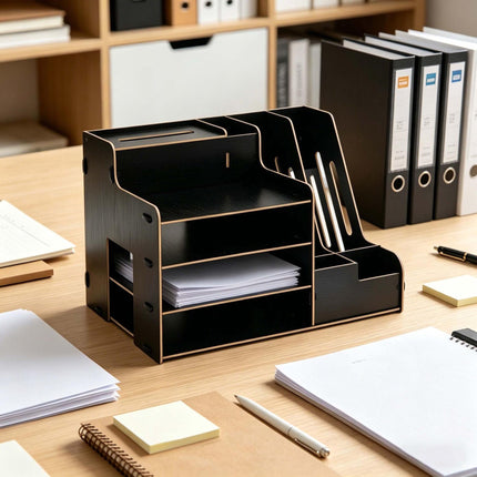 Black MDF Document Organiser with File Holder