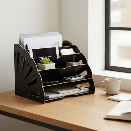 Black MDF Letter Tray with 5 Angled Slots, A4 Size