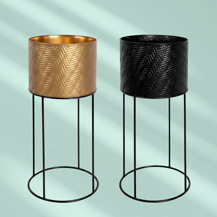 Black Metal Plant Stand Set of 2 – Modern Embossed Finish