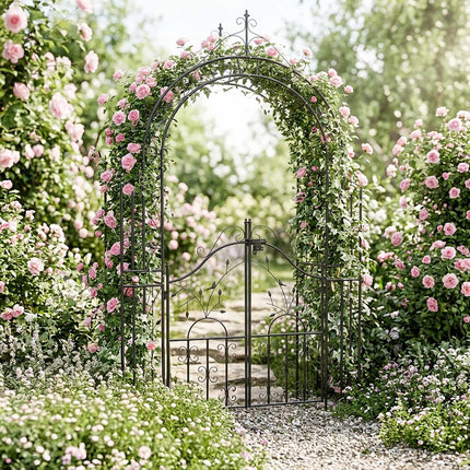 Black Metal Rose Arch with Gate – 235x144x45 cm