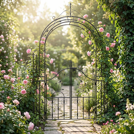Black Metal Rose Arch with Gate – 235x144x45 cm