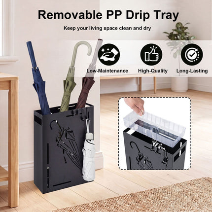 Black Metal Umbrella Holder Rack with Drip Tray