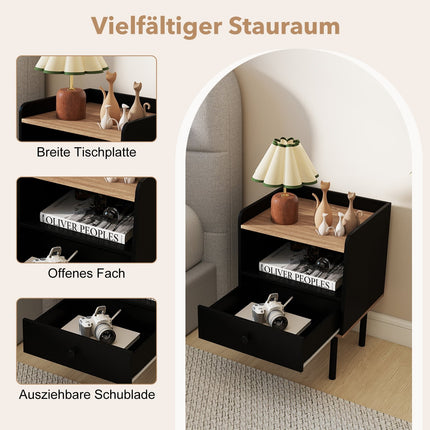 Schwarzer Nachttisch mit Schublade und offenem Fach, Metallbeine