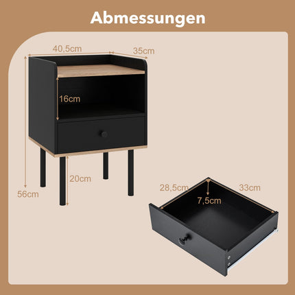 Schwarzer Nachttisch mit Schublade und offenem Fach, Metallbeine