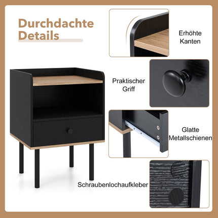 Schwarzer Nachttisch mit Schublade und offenem Fach, Metallbeine
