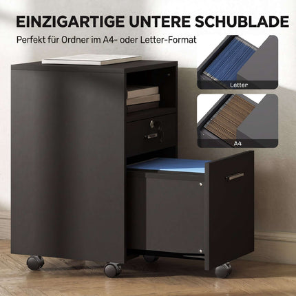 Black Office Rolling Cabinet, 2 Drawers, Lockable, 40x40x65 cm