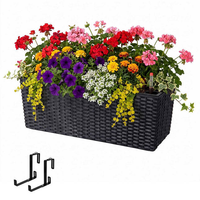 Schwarzer Rattan-Balkonpflanzkübel mit Wasserstandsanzeige