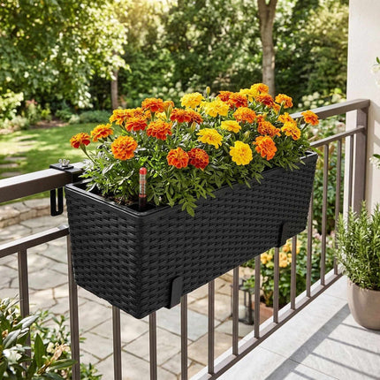 Black Rattan Balcony Planter with Water Level Indicator