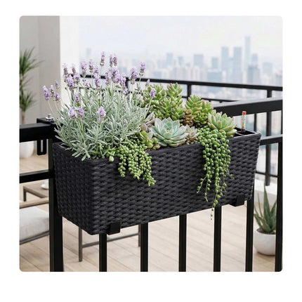 Black Rattan Balcony Planter with Water Level Indicator