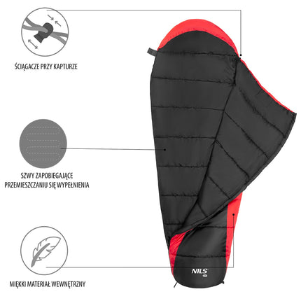 Schwarz-roter Schlafsack, leicht, kompakt