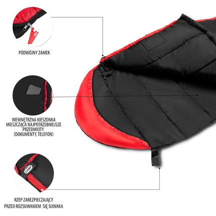 Schwarz-roter Schlafsack, leicht, kompakt