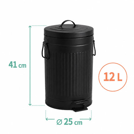 Black Retro Pedal Bin, 12L – Soft-Close Waste Container