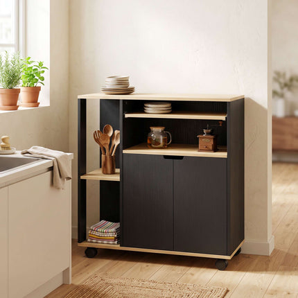 Black Rolling Kitchen Cart with Adjustable Shelves and Storage