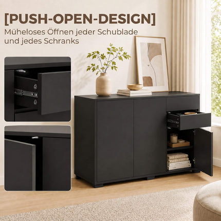 Black Sideboard with 2 Drawers, Push-Click, 117x36x74 cm
